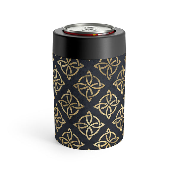 Gold Quaternary Celtic Knots on Distressed Navy Blue - Premium Beer Koozie