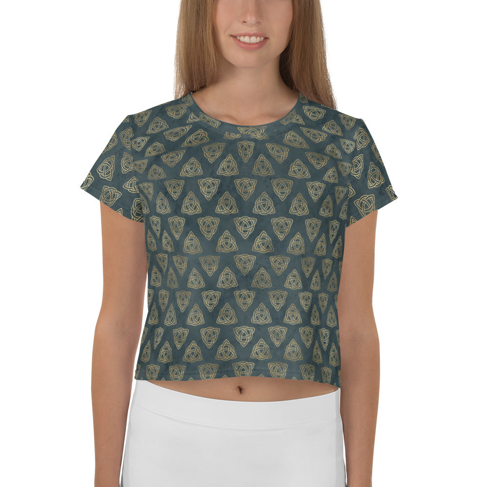 Triquetra Celtic Knots | Distressed Teal | Gold | Women's Crop Tee