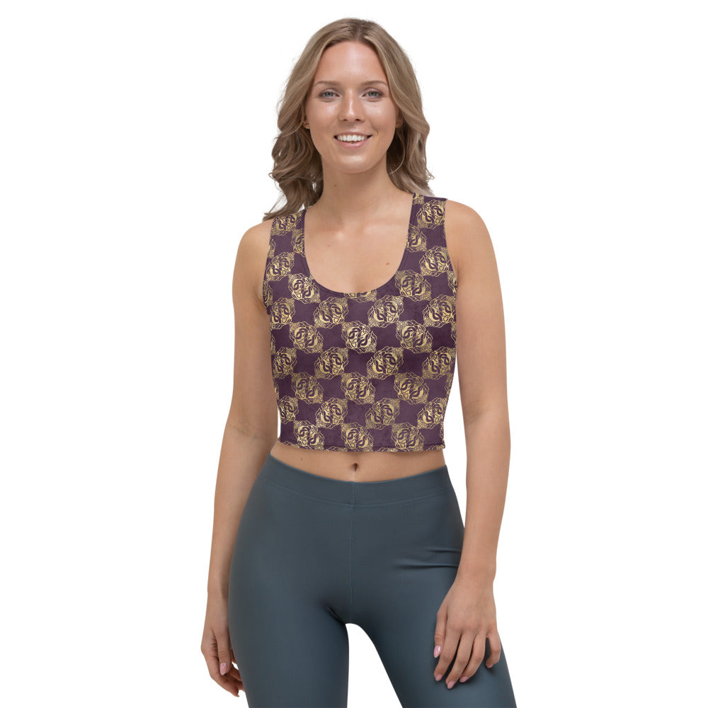 Gold Double Celtic Dragons on Distressed Purple - Women's Crop Tank Top