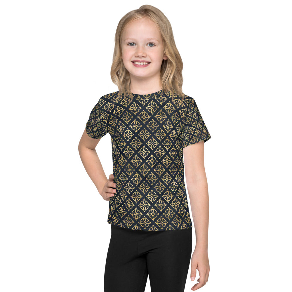 Gold Quaternary Celtic Knots on Distressed Navy Blue - Kids T-Shirt-Kid's T-Shirt-Clover & Thistle