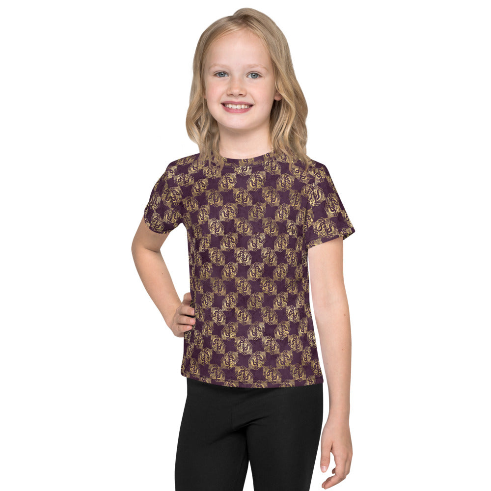 Gold Double Celtic Dragons on Distressed Purple - Kids crew neck t-shirt