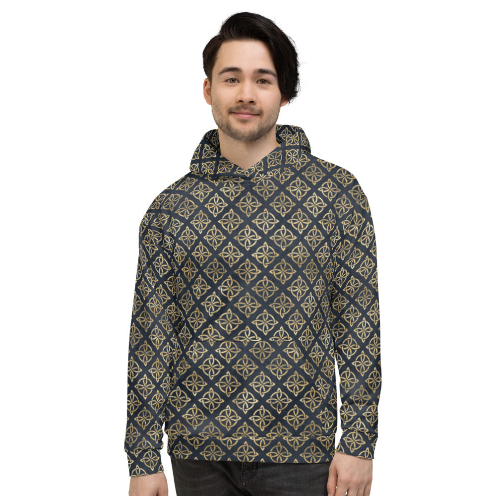 Gold Quaternary Celtic Knots on Distressed Navy Blue - Unisex