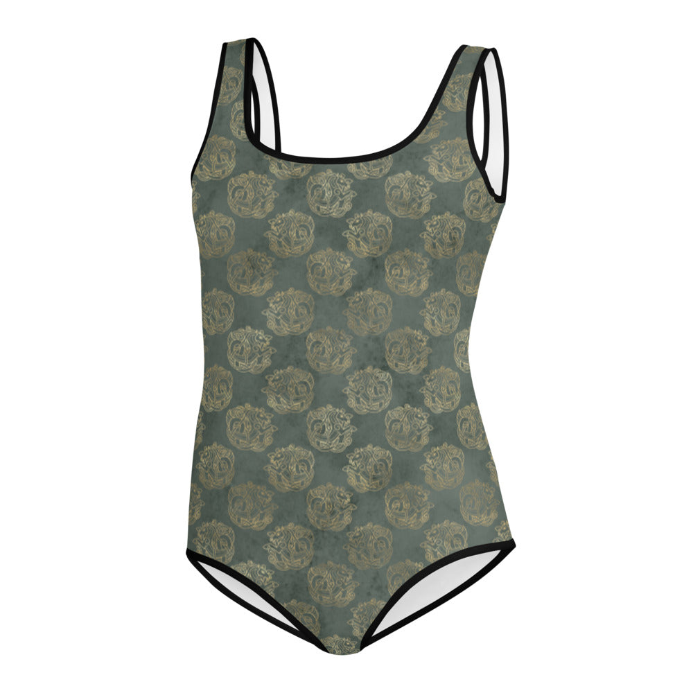 Gold Celtic Knot Horses on Distressed Green - Youth Swimsuit