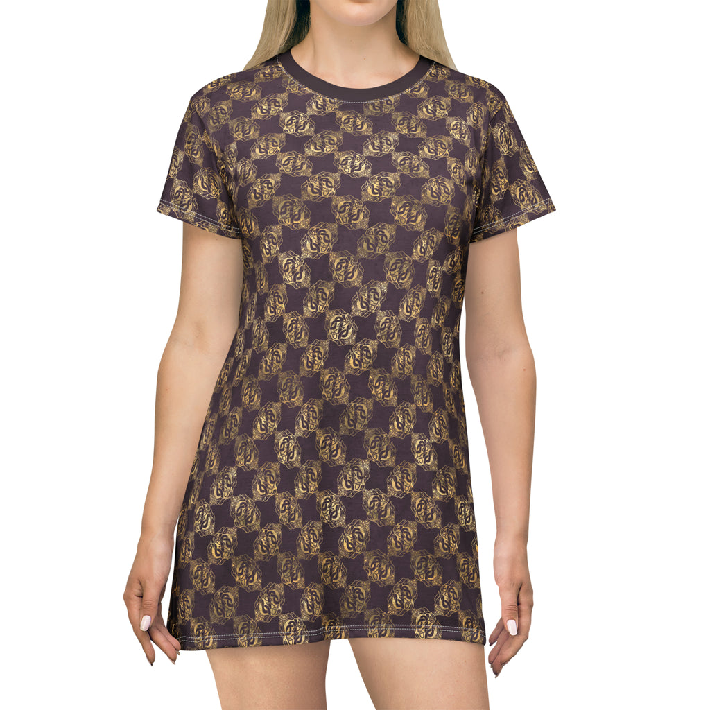 Gold Double Celtic Dragons on Distressed Purple - T-Shirt Dress
