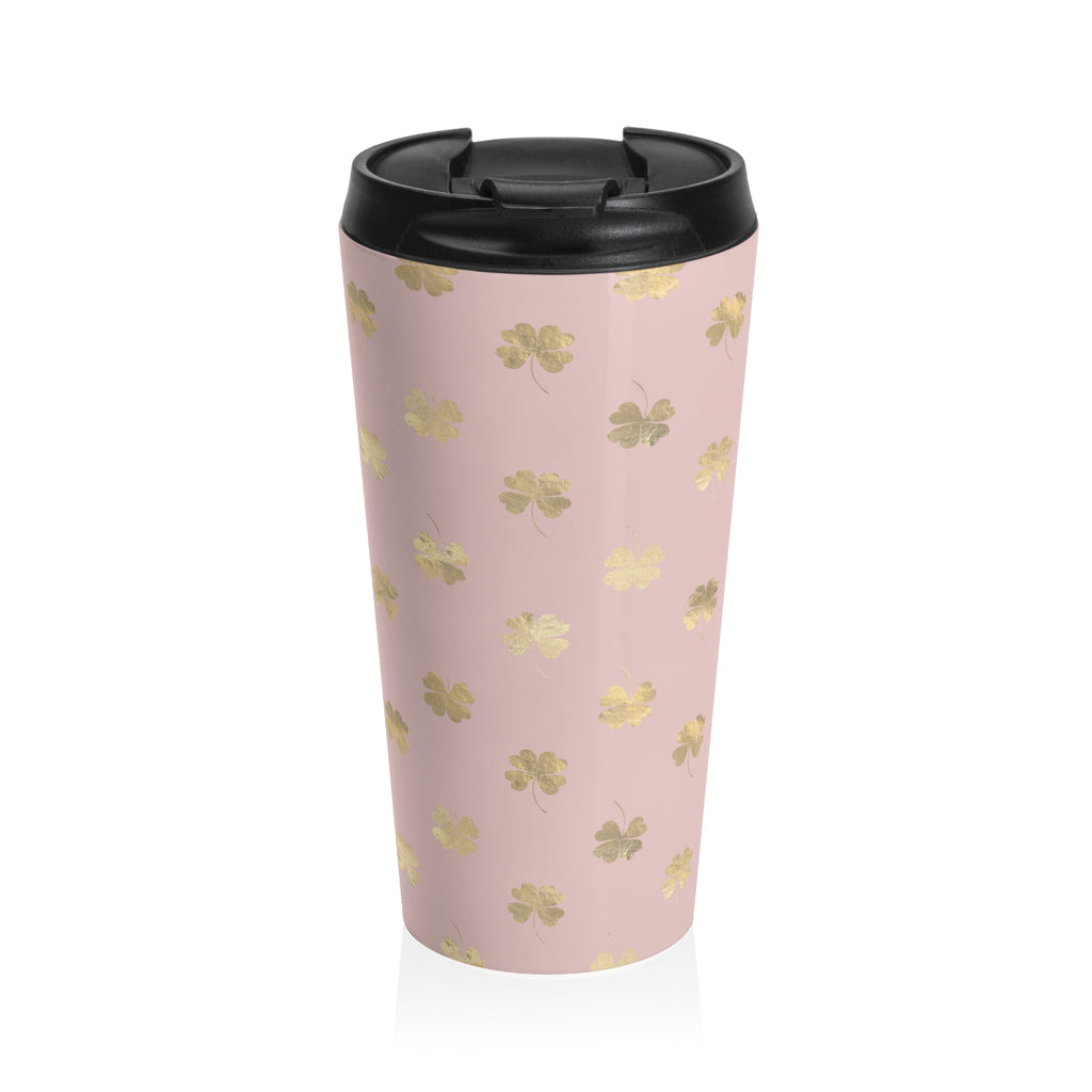 4 Leaf Clovers | Blush Pink | Gold | Stainless Steel | Travel | Plastic Lid | Coffee | Mug
