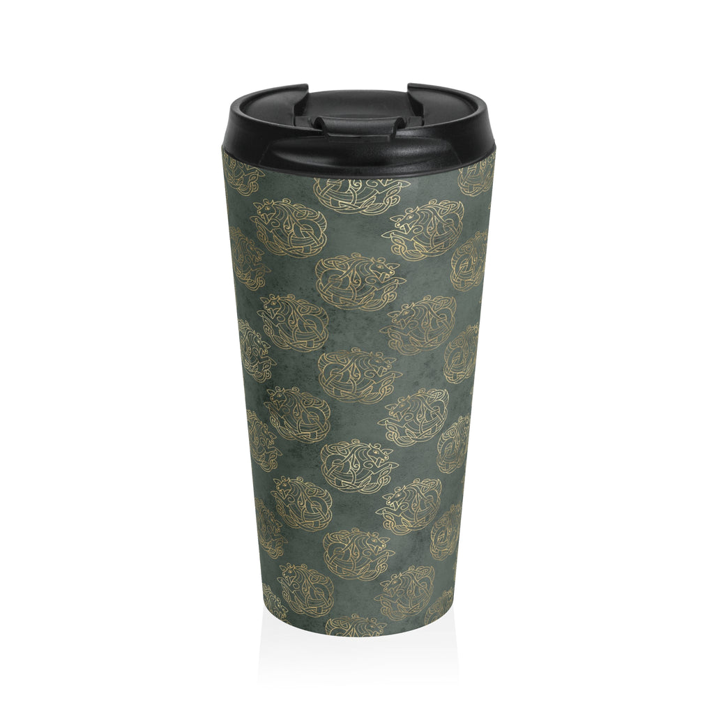 Gold Celtic Knot Horses on Distressed Green - Stainless Steel Travel Mug