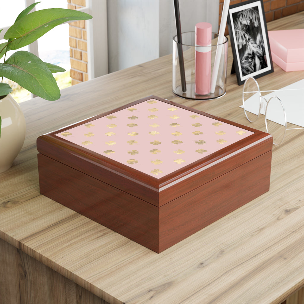 4 Leaf Clovers | Jewelry Box | Blush Pink | Gold | Square | Lined | 6"x6"