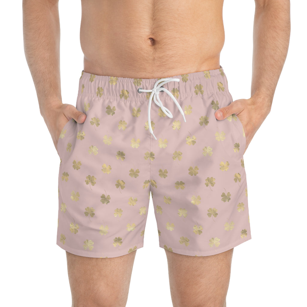 4 Leaf Clovers | Men's Swim Trunks | Blush Pink | Gold | Drawstring | Fast Drying | Side Pockets