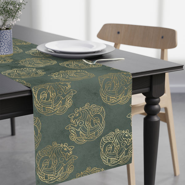 Celtic Horses | Table Runner | Distressed Green | Gold | 90"x16" | Broadcloth | Custom