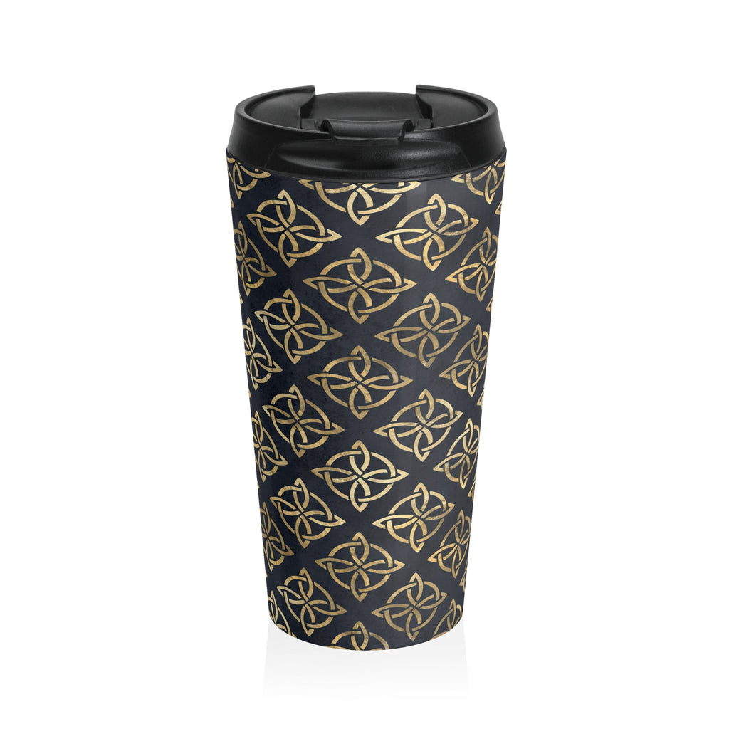 Gold Quaternary Celtic Knots on Distressed Navy Blue - Stainless Steel Travel Mug
