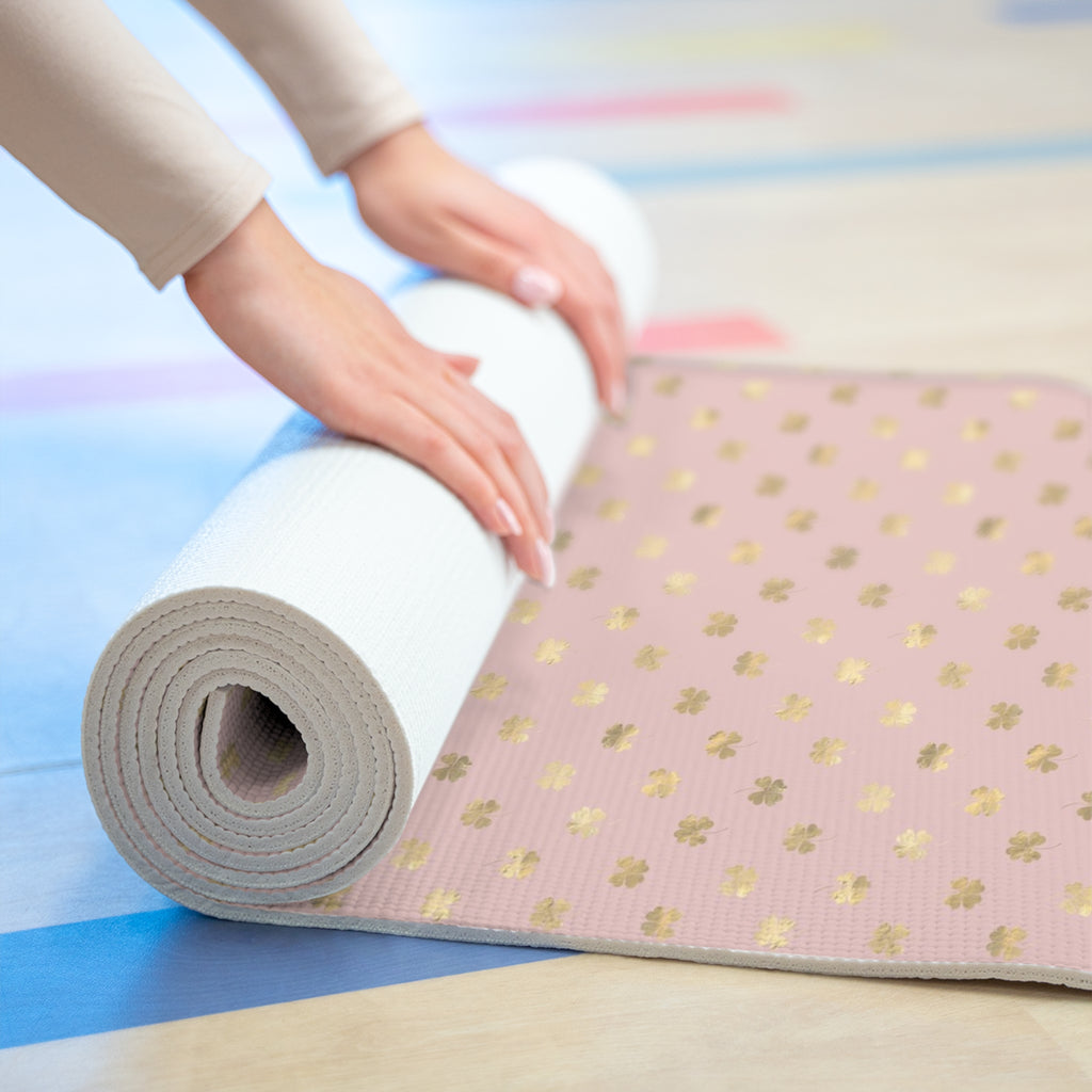 4 Leaf Clovers | Foam Yoga Mat | Blush Pink | Gold | Lightweight | 24"x72" | Custom Print