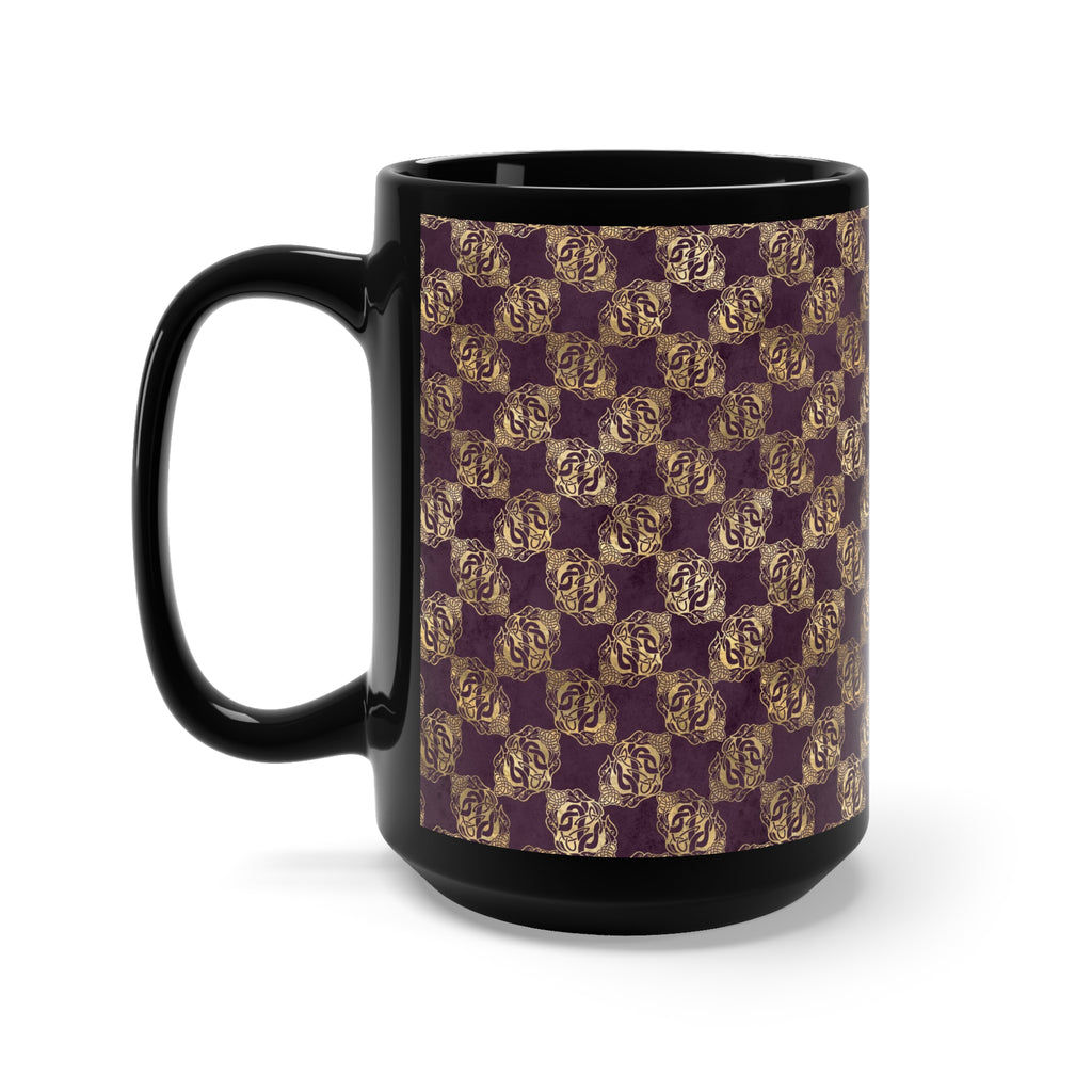Gold Double Celtic Dragons on Distressed Purple - Black Mug 15oz
