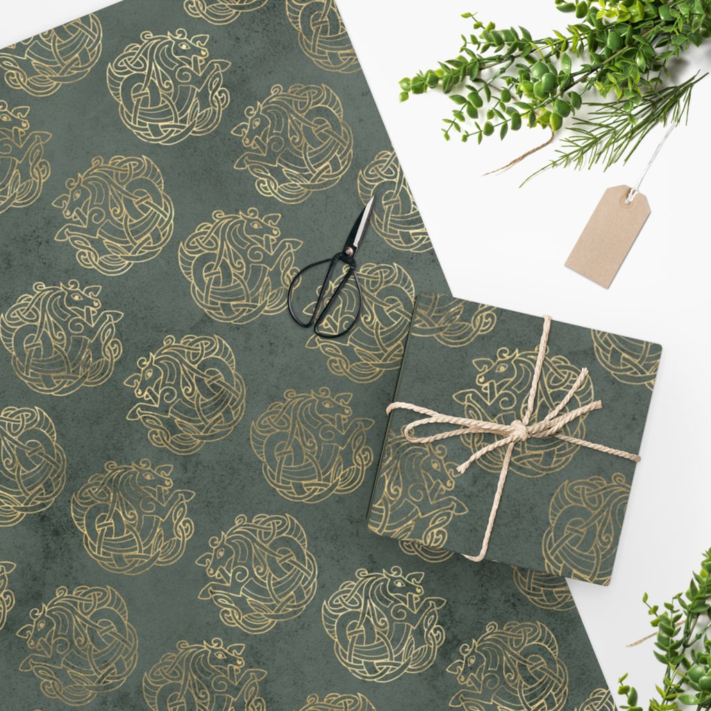 Celtic Horses | Wrapping Paper | Distressed Green | Gold | Celtic Knots | Two Sizes | Fine Art Paper
