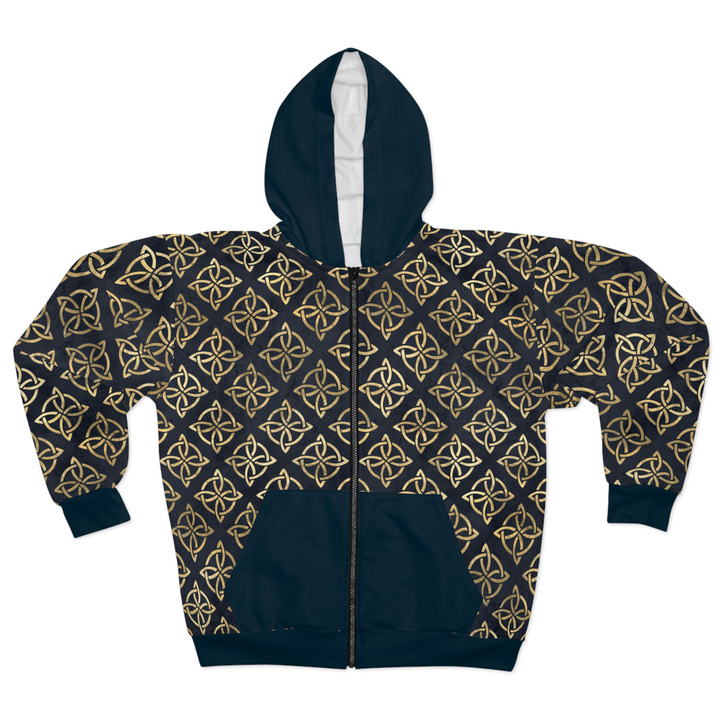 Gold Quaternary Celtic Knots on Distressed Navy Blue - Unisex Zip Hoodie
