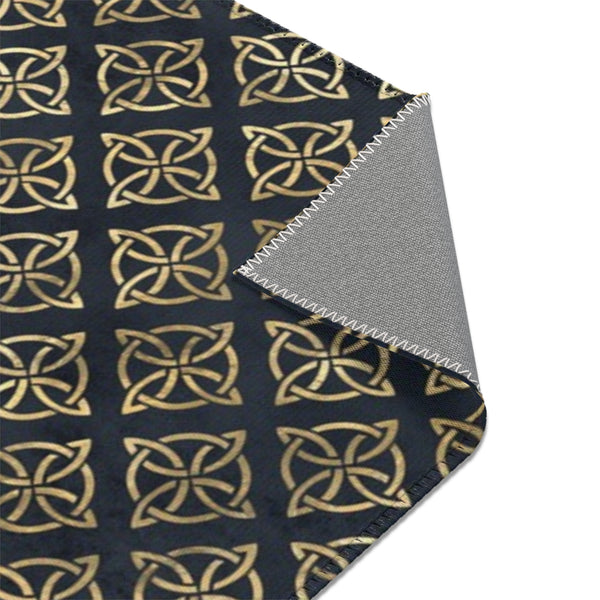 Quaternary Celtic Knots | Gold | Distressed Navy Blue | Chenille | Low Pile | Area Rug