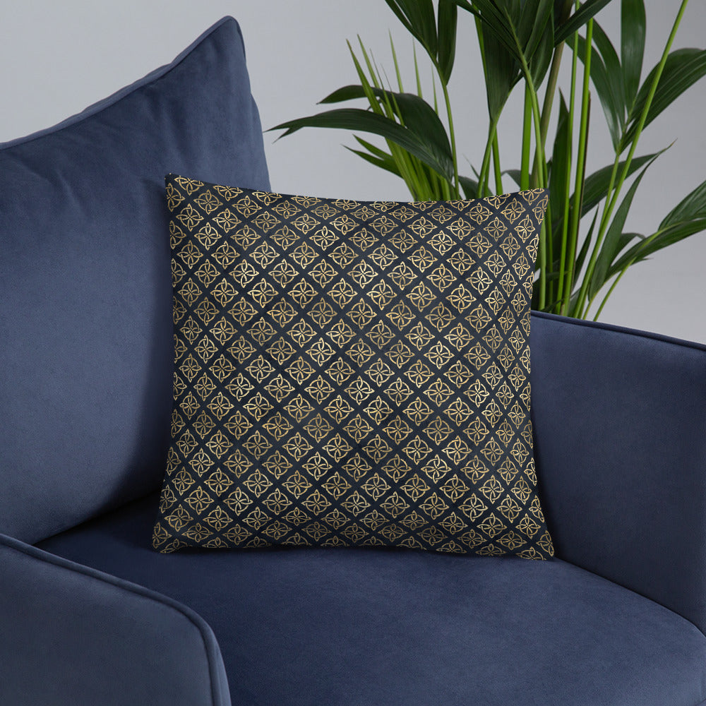 Gold Quaternary Celtic Knots on Distressed Navy Blue - Basic Throw Pillow-Throw Pillow-Clover & Thistle