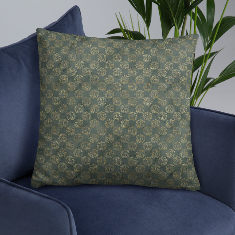 Gold Celtic Knot Horses on Distressed Green - Basic Throw Pillow-Clover & Thistle