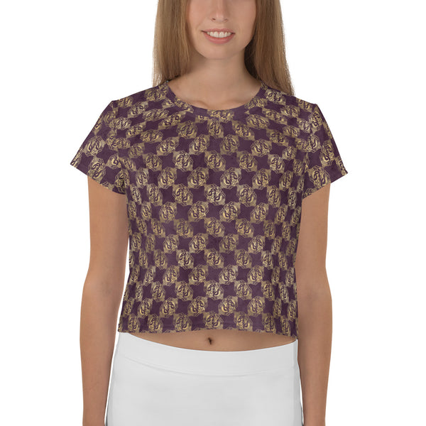 Gold Double Celtic Dragons on Distressed Purple - Women's Crop Tee