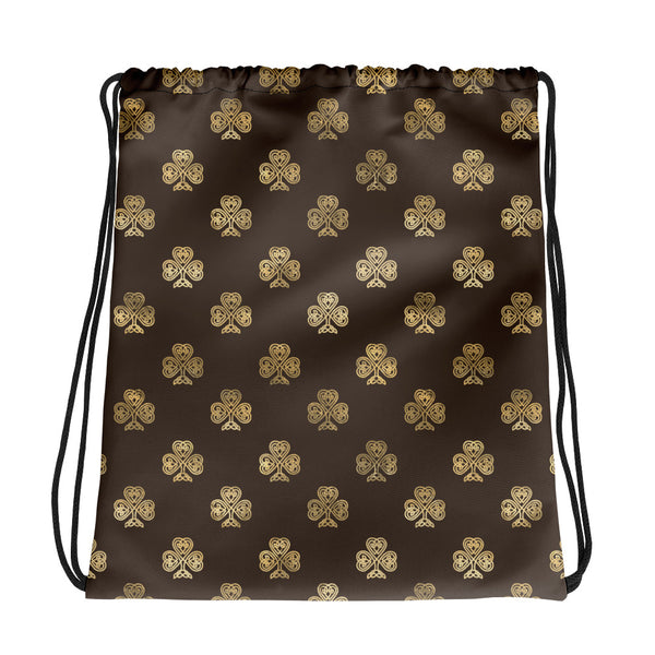 Chocolate and Gold Celtic Knot Shamrocks - Drawstring bag-Bag-Clover & Thistle