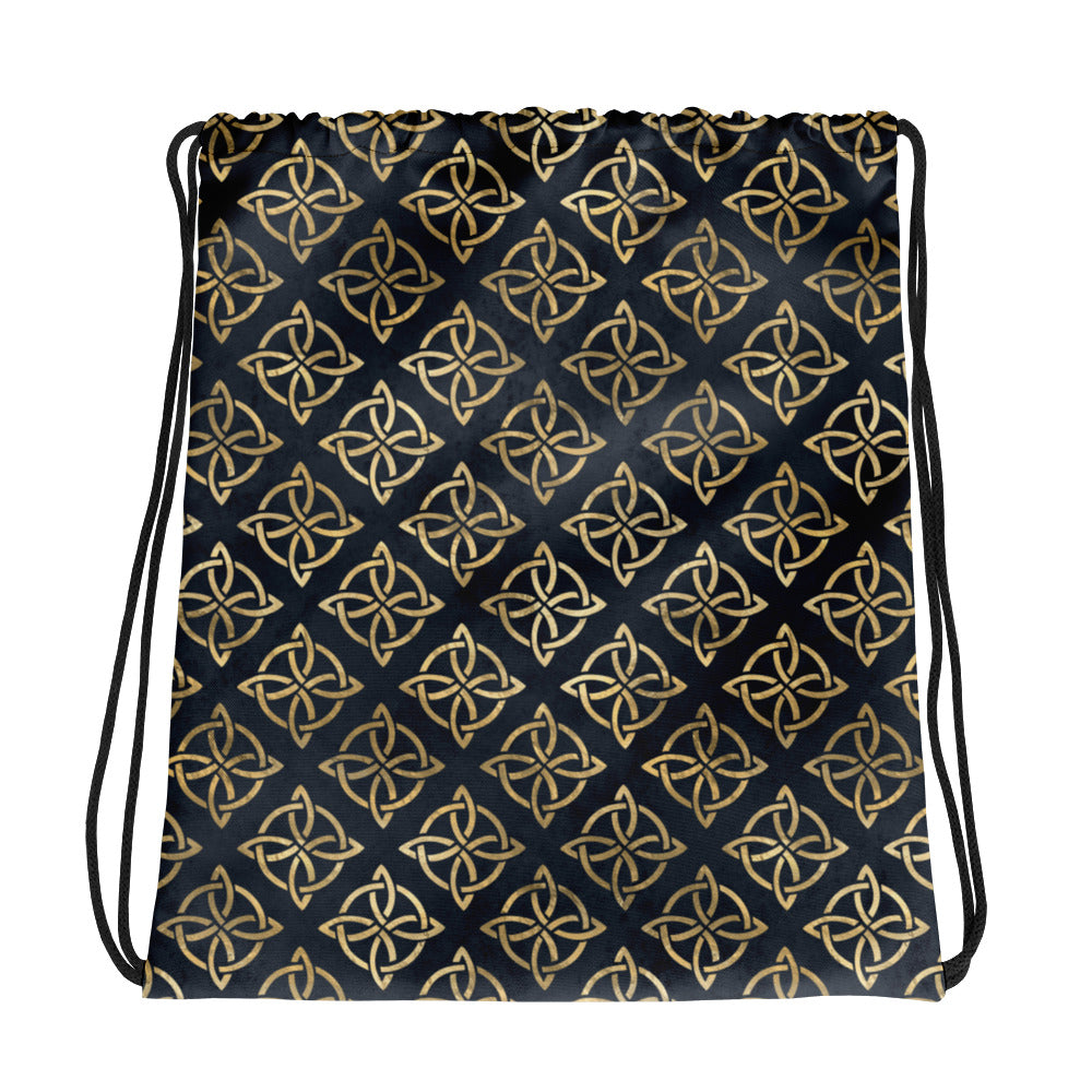 Gold Quaternary Celtic Knots on Distressed Navy Blue - Drawstring bag-Drawstring Bag-Clover & Thistle