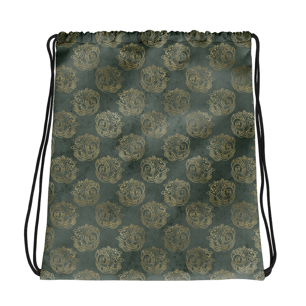 Gold Celtic Knot Horses on Distressed Green - Drawstring bag-Clover & Thistle