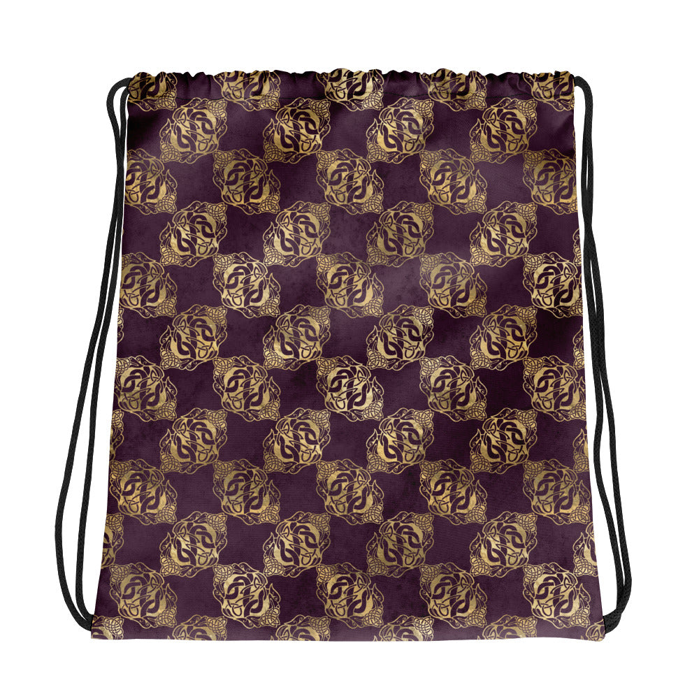 Gold Double Celtic Dragons on Distressed Purple - Drawstring bag