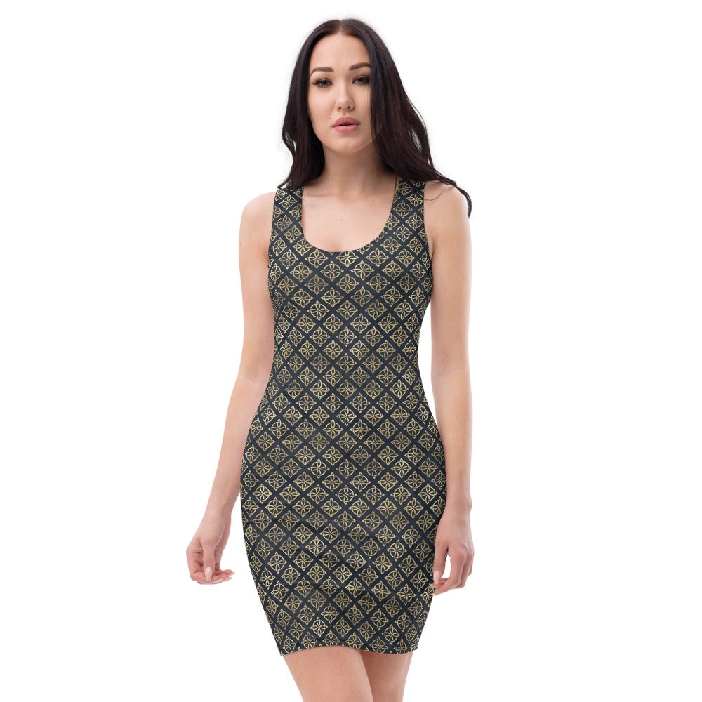 Gold Quaternary Celtic Knots on Distressed Navy Blue - Fitted Dress-Dress-Clover & Thistle