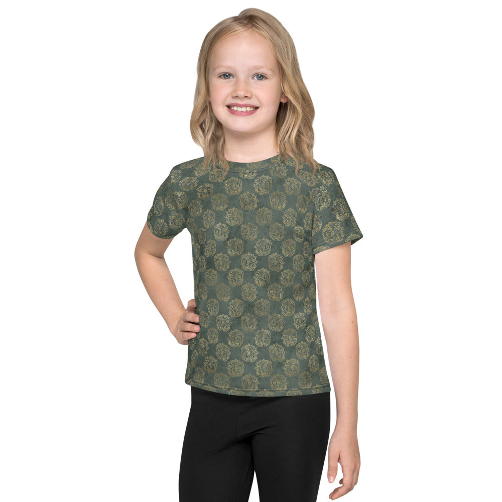 Gold Celtic Knot Horses on Distressed Green - Kids crew neck t-shirt-Clover & Thistle
