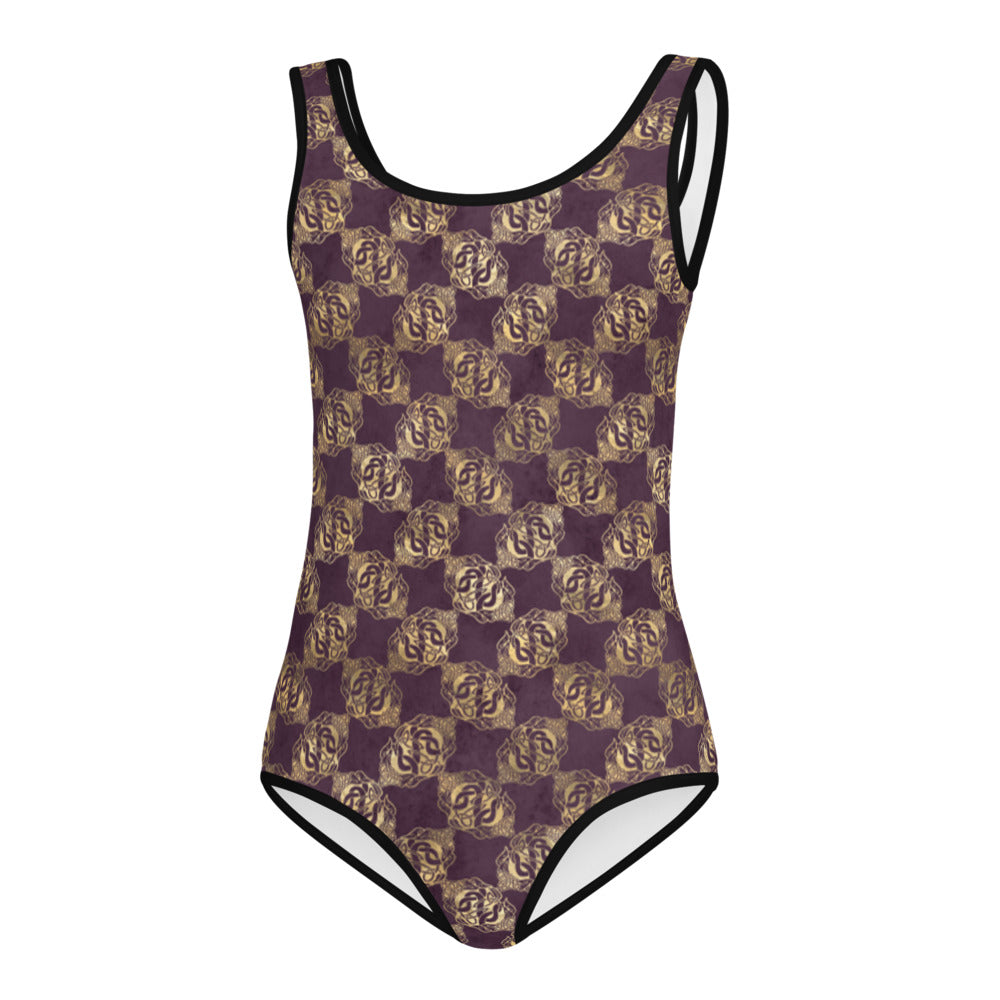 Gold Double Celtic Dragons on Distressed Purple - Kids Swimsuit