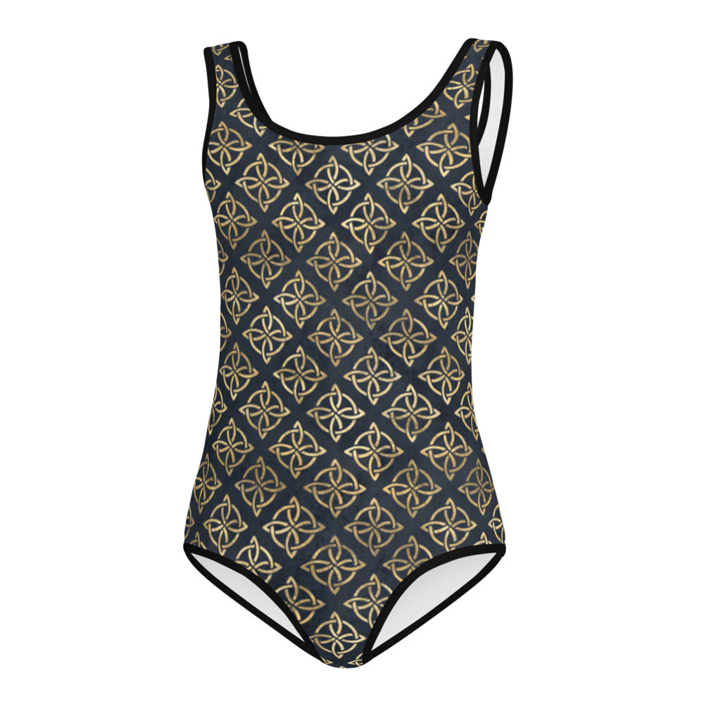 Gold Quaternary Celtic Knots on Distressed Navy Blue - Kids Swimsuit