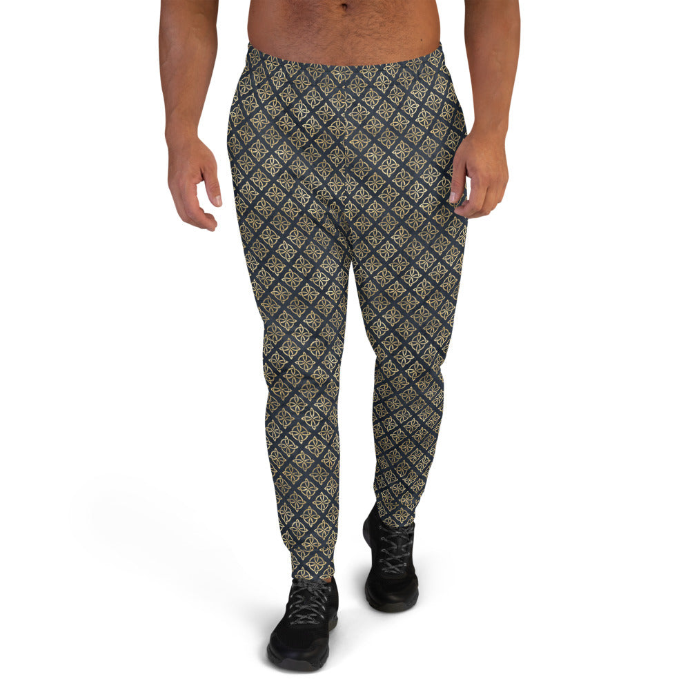 Gold Quaternary Celtic Knots on Distressed Navy Blue - Men's Joggers-Joggers-Clover & Thistle