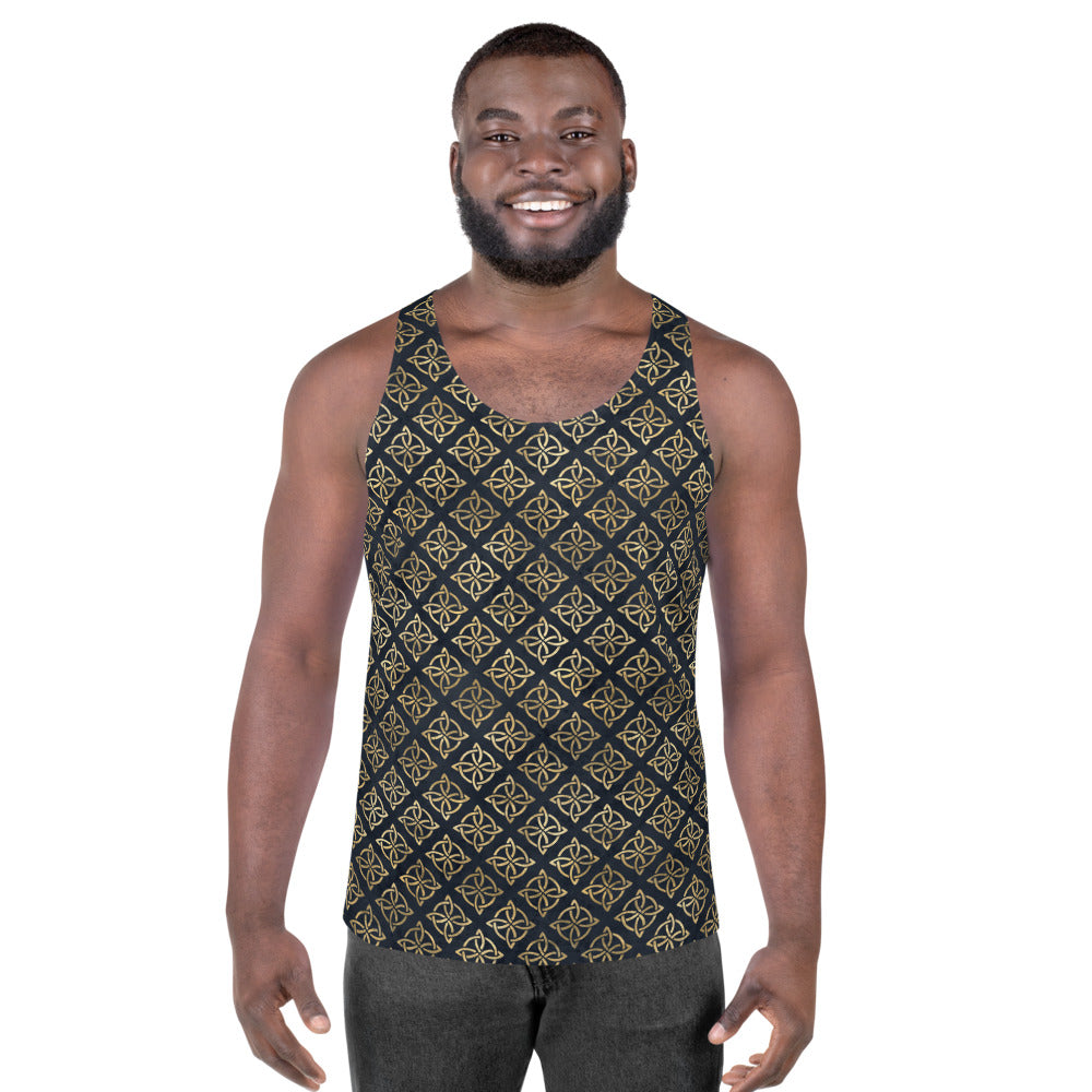 Gold Quaternary Celtic Knots on Distressed Navy Blue - Men's Tank Top-Tank Top-Clover & Thistle