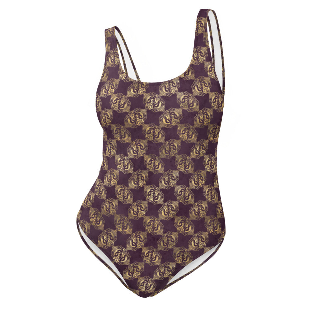 Gold Double Celtic Dragons on Distressed Purple - Women's One-Piece Swimsuit