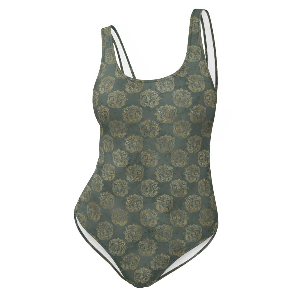 Gold Celtic Knot Horses on Distressed Green - One-Piece Swimsuit