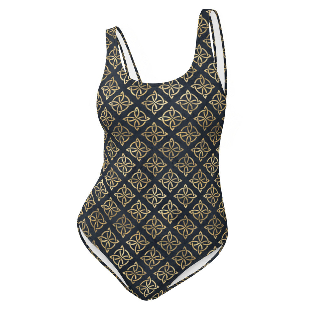 Gold Quaternary Celtic Knots on Distressed Navy Blue - One-Piece Swimsuit