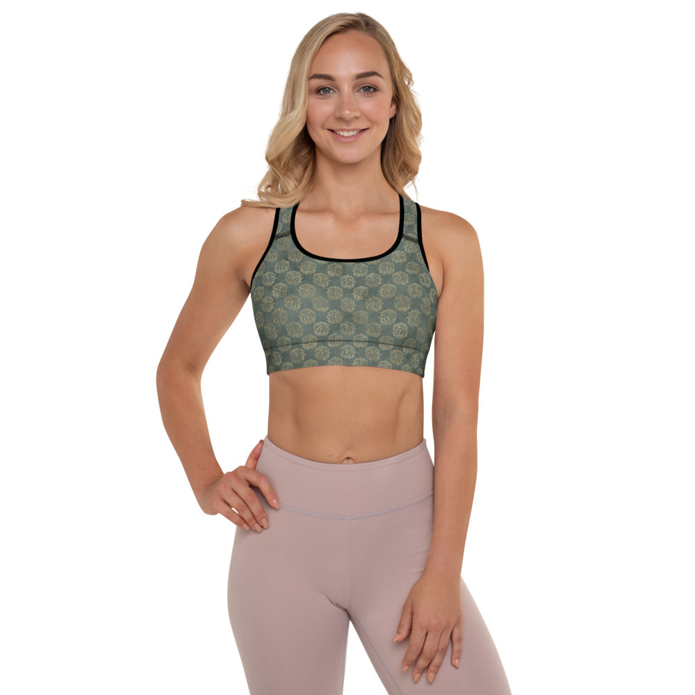 Gold Celtic Knot Horses on Distressed Green - Padded Sports Bra-Clover & Thistle