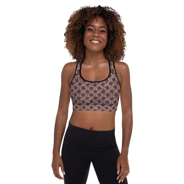 Gold Double Celtic Dragons on Distressed Purple - Padded Sports Bra