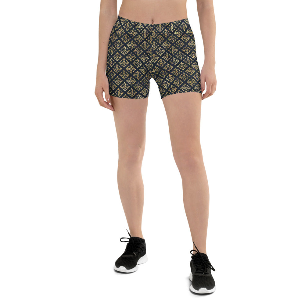 Gold Quaternary Celtic Knots on Distressed Navy Blue - Women's Shorts-Shorts-Clover & Thistle