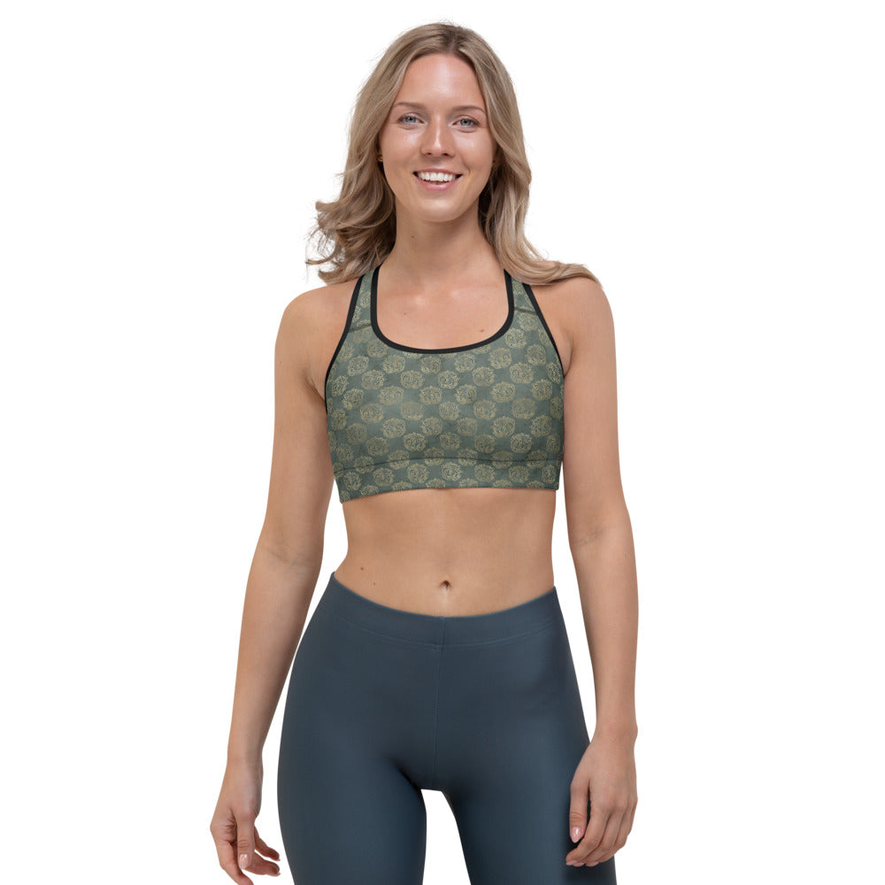 Gold Celtic Knot Horses on Distressed Green - Sports bra-Clover & Thistle