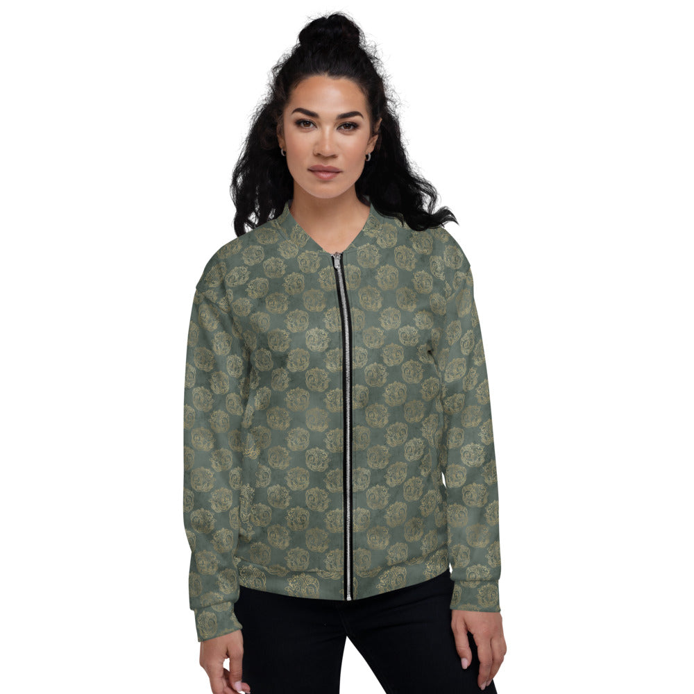 Gold Celtic Knot Horses on Distressed Green - Unisex Bomber Jacket-Clover & Thistle
