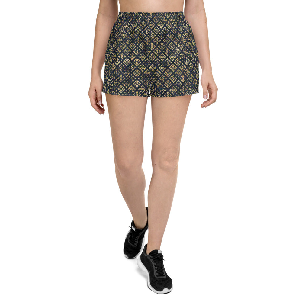 Gold Quaternary Celtic Knots on Distressed Navy Blue - Women's Athletic Short Shorts-Shorts-Clover & Thistle