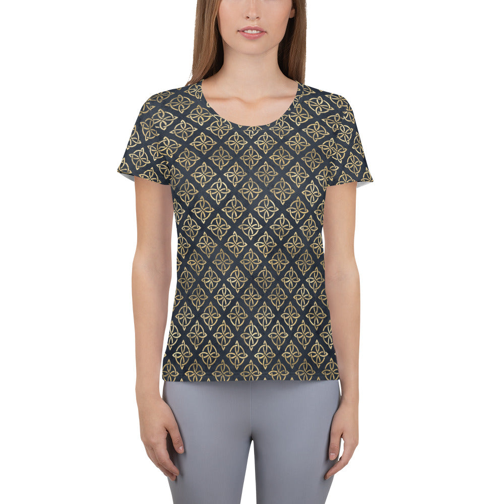 Gold Quaternary Celtic Knots on Distressed Navy Blue - Women's Athletic T-shirt-Women's T-Shirt-Clover & Thistle