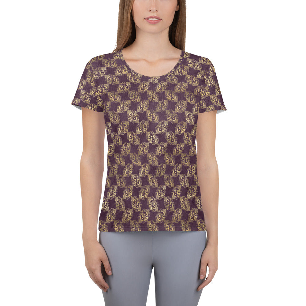 Gold Double Celtic Dragons on Distressed Purple - Women's Athletic T-shirt