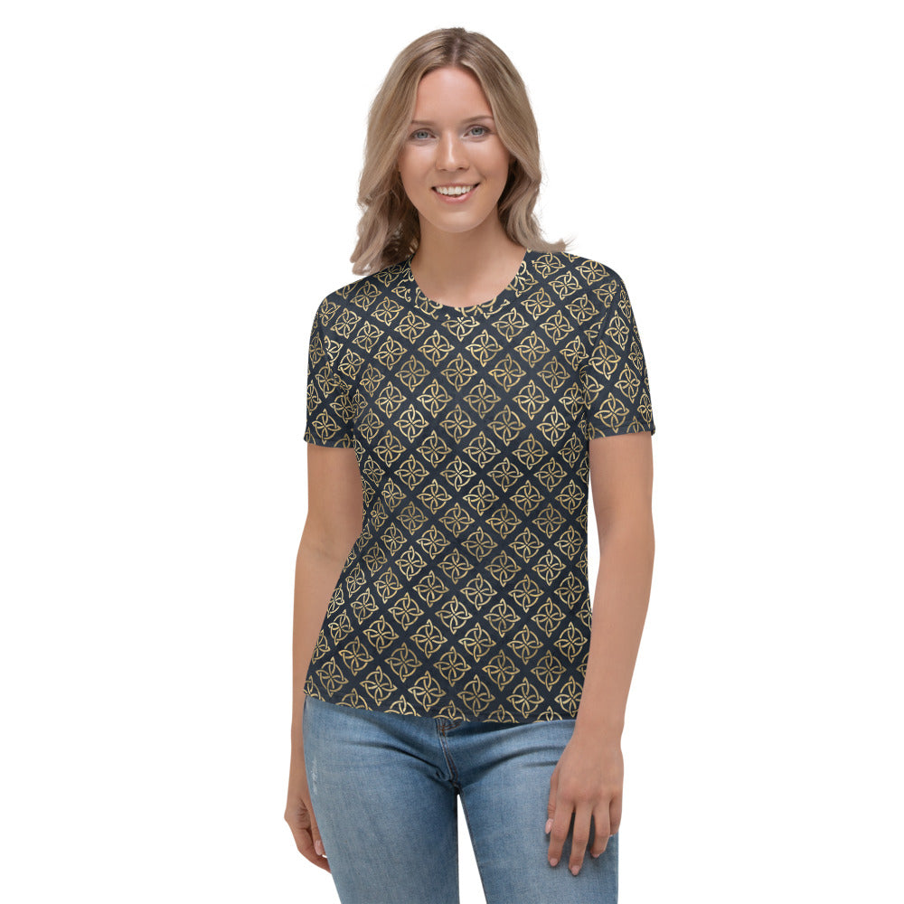 Gold Quaternary Celtic Knots on Distressed Navy Blue - Women's T-shirt-Women's T-Shirt-Clover & Thistle