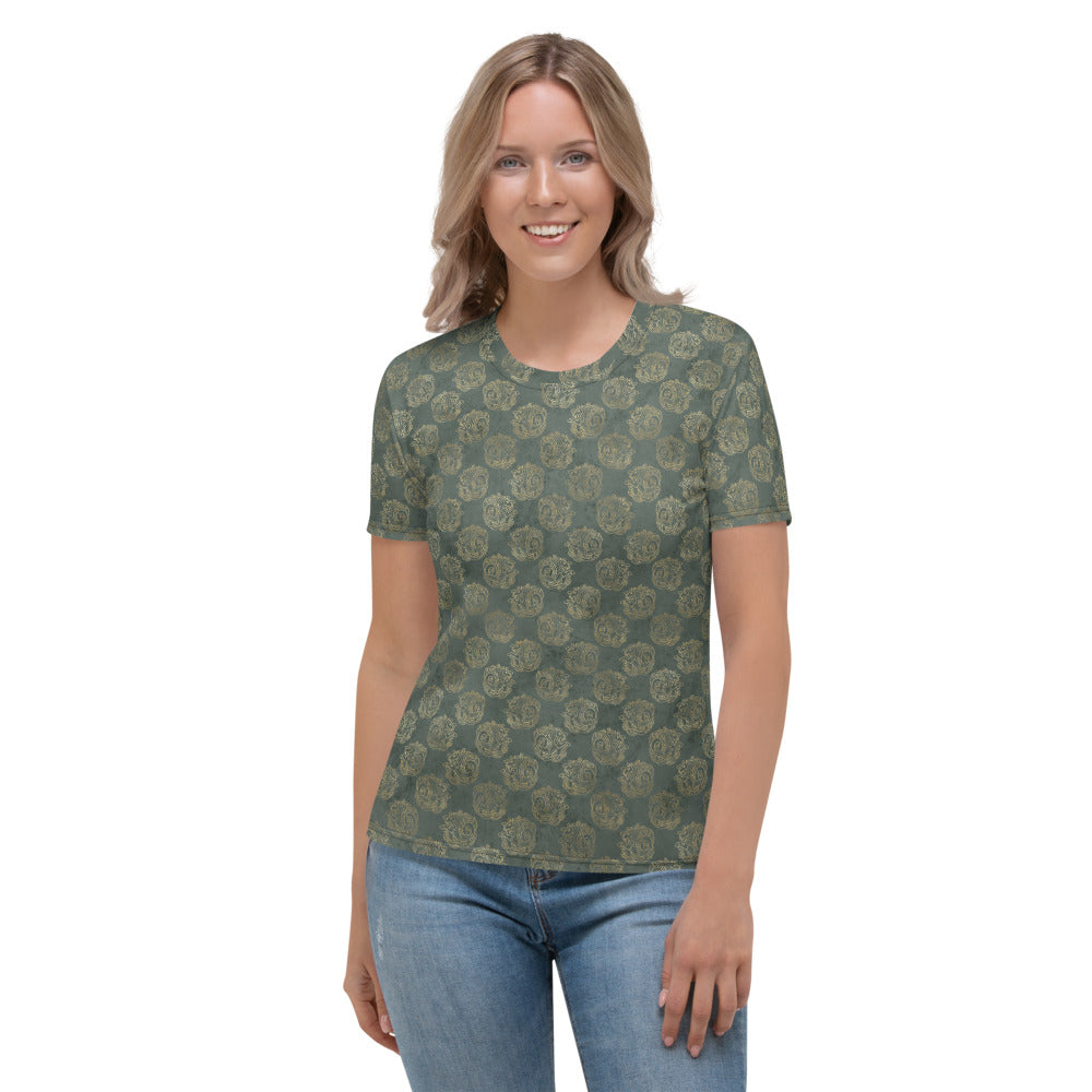 Gold Celtic Knot Horses on Distressed Green - Women's T-shirt-Clover & Thistle