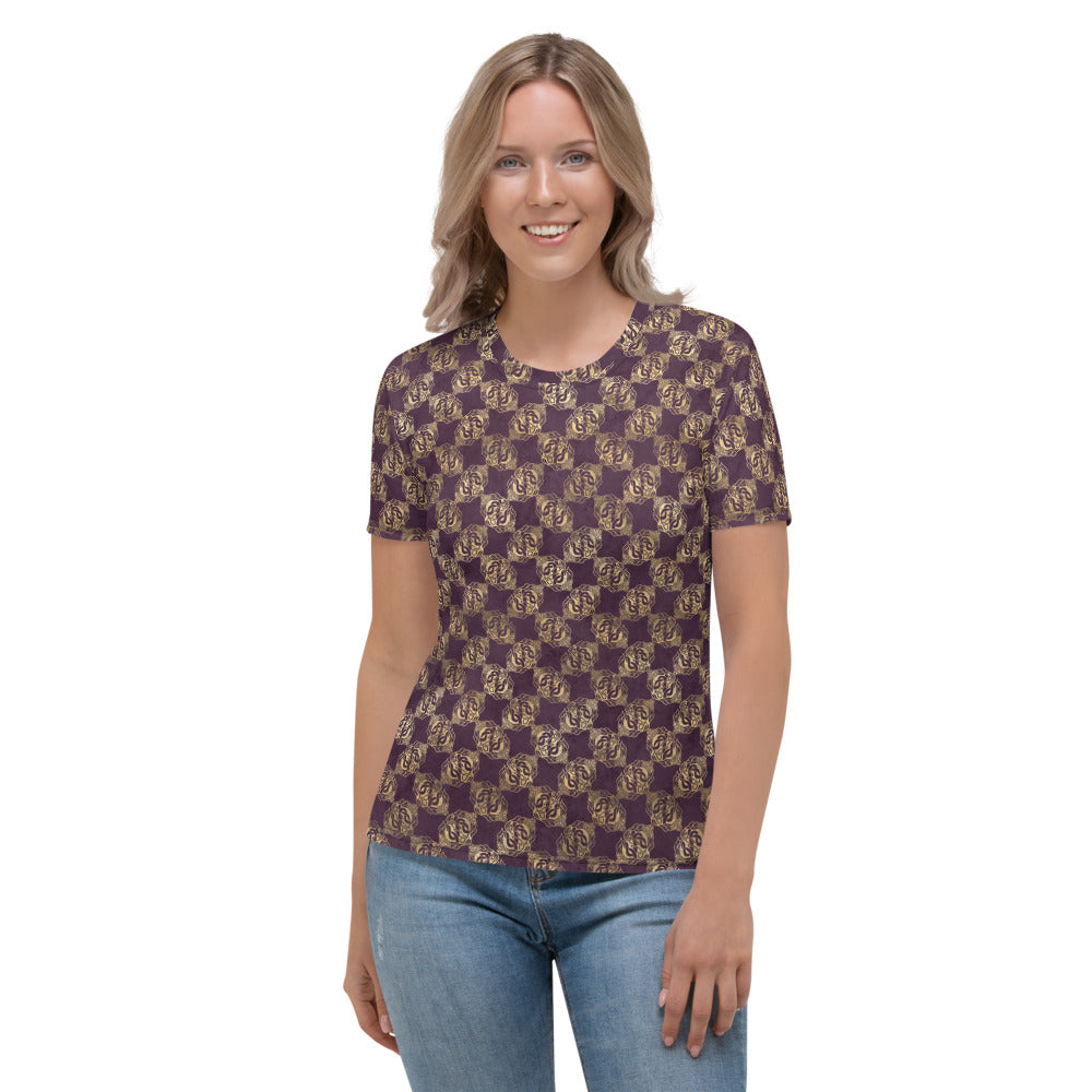 Gold Double Celtic Dragons on Distressed Purple - Women's T-shirt
