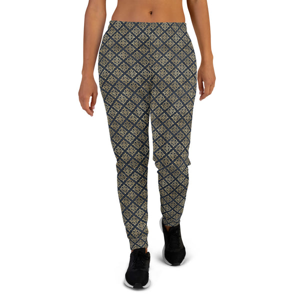 Gold Quaternary Celtic Knots on Distressed Navy Blue - Women's Joggers-Joggers-Clover & Thistle