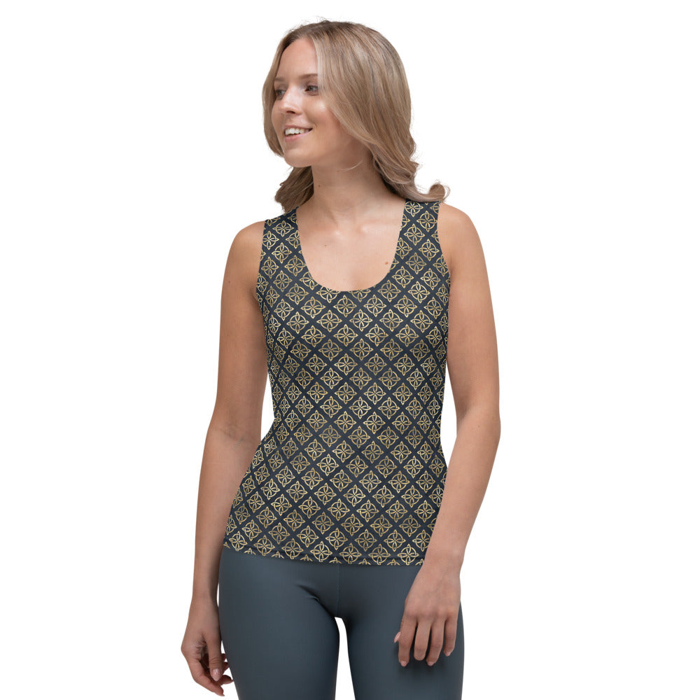 Gold Quaternary Celtic Knots on Distressed Navy Blue - Tank Top-Women's Tank Top-Clover & Thistle