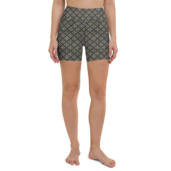 Gold Quaternary Celtic Knots on Distressed Navy Blue - Women's Yoga Shorts-Shorts-Clover & Thistle