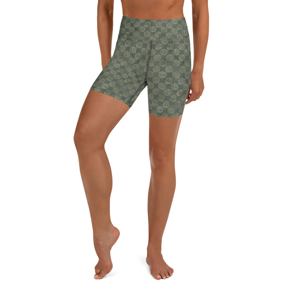 Gold Celtic Knot Horses on Distressed Green - Women's Yoga Shorts-Clover & Thistle